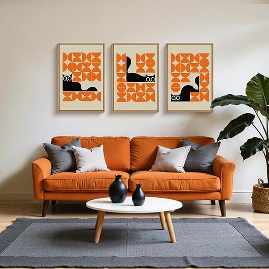 HOURIA Geometric Black Cat Framed Canvas Wall Art Set,Abstract Orange & Cream Wall Decor,Round Eyes Playful Kitten Wall Painting,Modern Animal Prints for Nursery,Living Room,Office - 24"x36"x3
