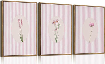 KISSFOX 3 Piece Framed Wall Art Botanical Wall Decor Pink Floral Pictures Wildflower Canvas Art Striped Minimalist Paintings Boho Artwork For Girly Room Bedroom Apartment Dorm Living Room