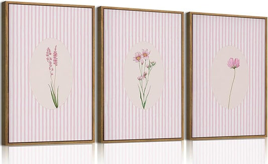 KISSFOX 3 Piece Framed Wall Art Botanical Wall Decor Pink Floral Pictures Wildflower Canvas Art Striped Minimalist Paintings Boho Artwork For Girly Room Bedroom Apartment Dorm Living Room