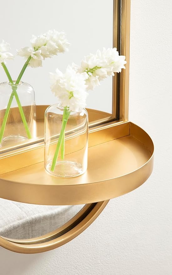 Kate and Laurel Estero Modern Metal Oval Mirror with Rounded Shelf; 11 x 25; Gold; Decorative Modern Glam Capsule Shelf Mirror for Storage and Display