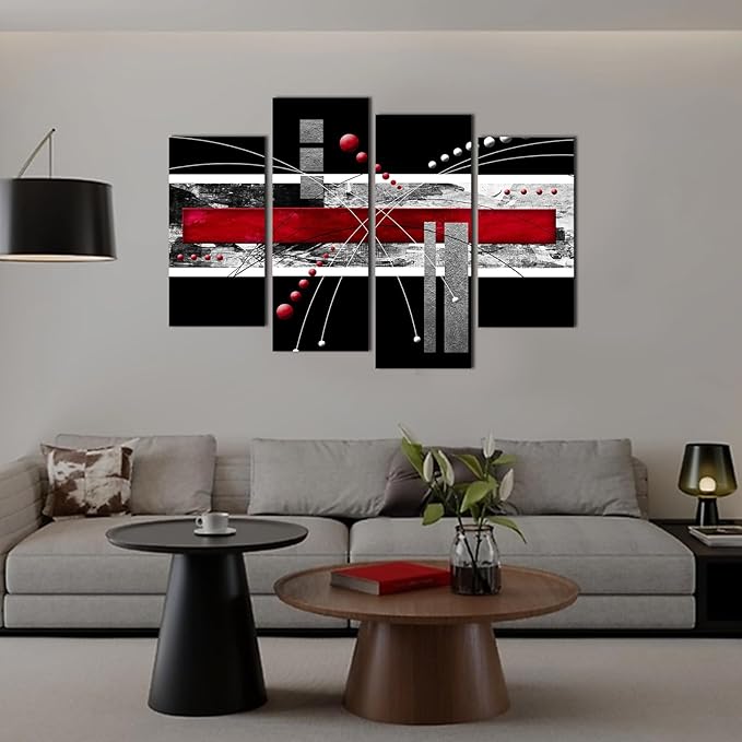 YPY Large Black Red Canvas Wall Art - 4 Panels Modern Abstract Picutre Set for Home Decoration - Contemporary Painting Artwork Ready to Hang Living Room Bedroom W64 x H46
