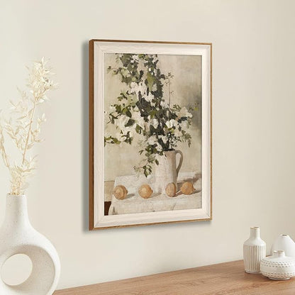 ASTRDECOR Framed Vintage Wall Art, Farmhouse Wall Decor White Flowers Canvas Oil Painting, Vintage Kitchen Decor Floral Wall Art Lemon Botanical North Art Prints for Kitchen Bedroom - 16''x 24''