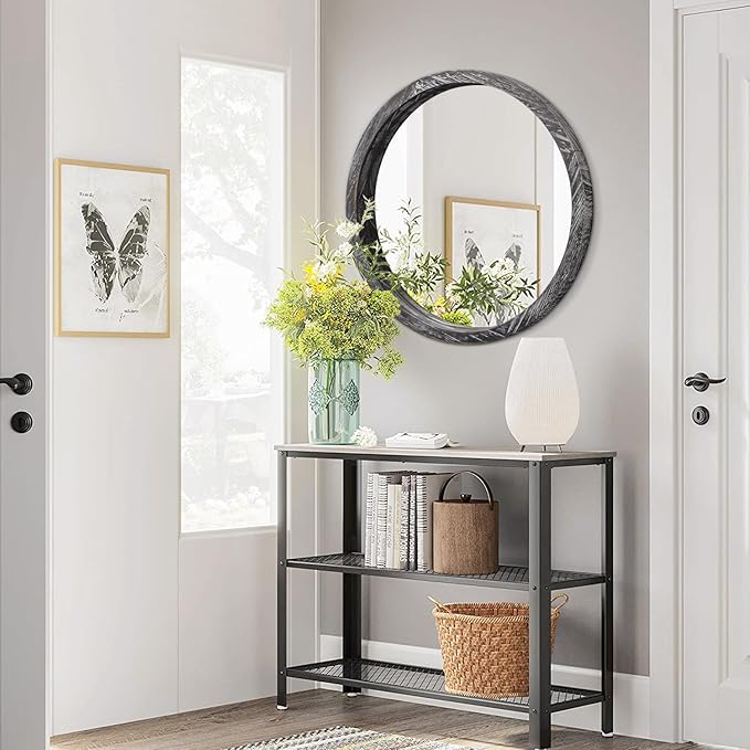 JJUUYOU Round Wall Mirror Large Circular Wall Mounted Mirror for Bathroom Circle Mirror for Decor Wooden Make up Mirror for Farmhouse Living Room Bedroom 20Inch