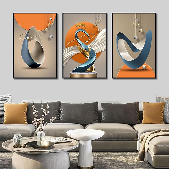 3 Pcs Modern Abstract Canvas Wall art Golden Deer Luxury Foil Lines Paintings Pictures Wall Decor White Blue orange color Grey posters Prints for Living Room Bedroom Office Home Decoration Unframed