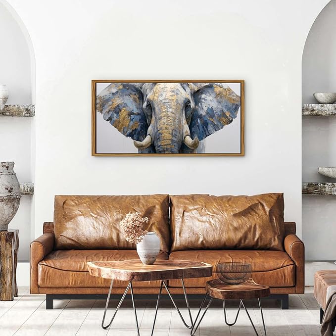 Gray and Gold Elephant Wall Decor Brown Framed African Elephant Canvas Wall Art for Living Room Grassland Animal Painting Minimalist Textured Wildlife Picture Modern Artwork Bedroom Decorations 20x40
