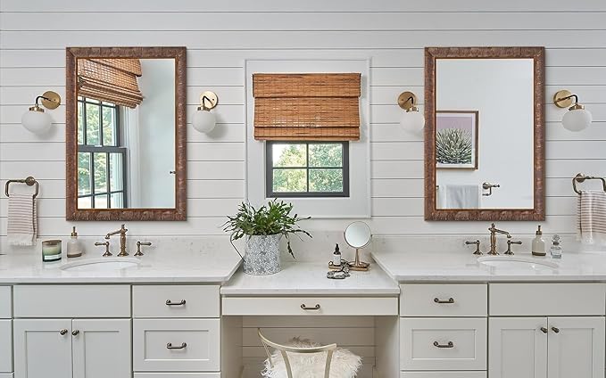 Chende Vintage Mirrors for Wall, 41'' x 29'' Bathroom Mirror with Feather Line Carving Wooden Frame, Retro Bronze Mirror for Living Room, Dining Room, Entryway