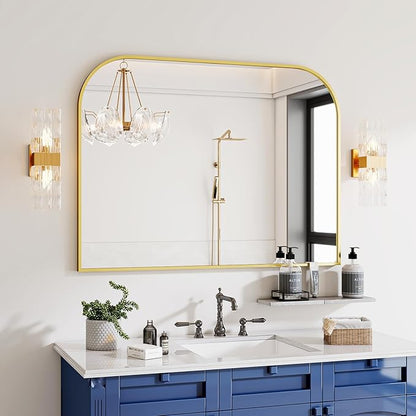 Gold Arched Top Wall Mounted Mirror - 38 x 30 Inch Round Cruved Top Bathroom Vanity Mirror, Aluminum Metal Framed, Home Decor for Living Room, Bedroom, Fireplace, Mantle, Entryway