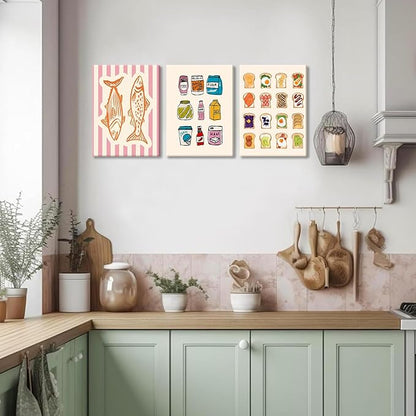 Cute Funny Kitchen Wall Art Set of 3, Fashion Breakfast Food Avocado Toast Canvas Prints Poster, Vintage Simple Sardines Watercolor Picture for Dining Room Kids Room Wall Decor 12x16 Inch Framed