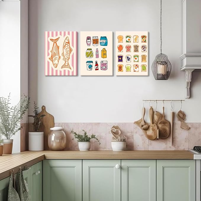 Cute Funny Kitchen Wall Art Set of 3, Fashion Breakfast Food Avocado Toast Canvas Prints Poster, Vintage Simple Sardines Watercolor Picture for Dining Room Kids Room Wall Decor 16x24 Inch Framed
