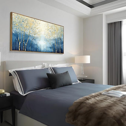 Large Framed Modern Living Room Canvas Wall Art, Abstract Plant Landscape Print Picture, Blue And Yellow Birch Forest Art Decor For Bedrooms, Dining Rooms, Balconies, Entryways, And Offices. 48X24 Inches.