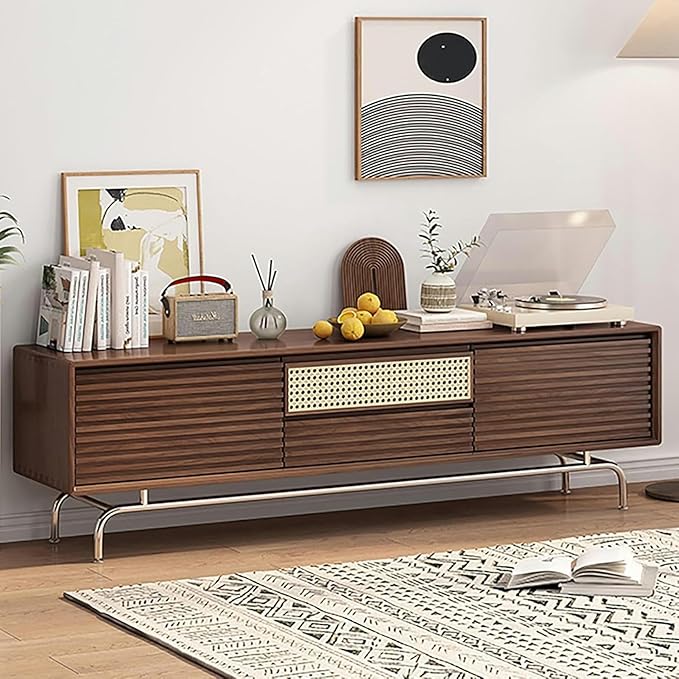 TV Stand Wood TV Stand, TV-Console, with Rattan Lower-Flap Door, Entertainment Center, with Cable Hole, Already Assembled TV Cabinet, TV Tables with Storage, for Living Room(Natural,Wood Leg)