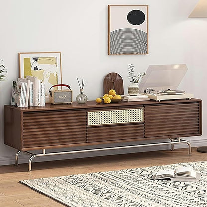 TV Stand Wood TV Stand, TV-Console, with Rattan Lower-Flap Door, Entertainment Center, with Cable Hole, Already Assembled TV Cabinet, TV Tables with Storage, for Living Room(Natural,Wood Leg)