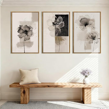 IARTTOP Framed Black Neutral Large Wall Art 16x24 Inch White Beige Abstract Floral Canvas Wall Decor Modern Minimalist Flower Paintings for Living Room Bedroom Dining room Set of 3