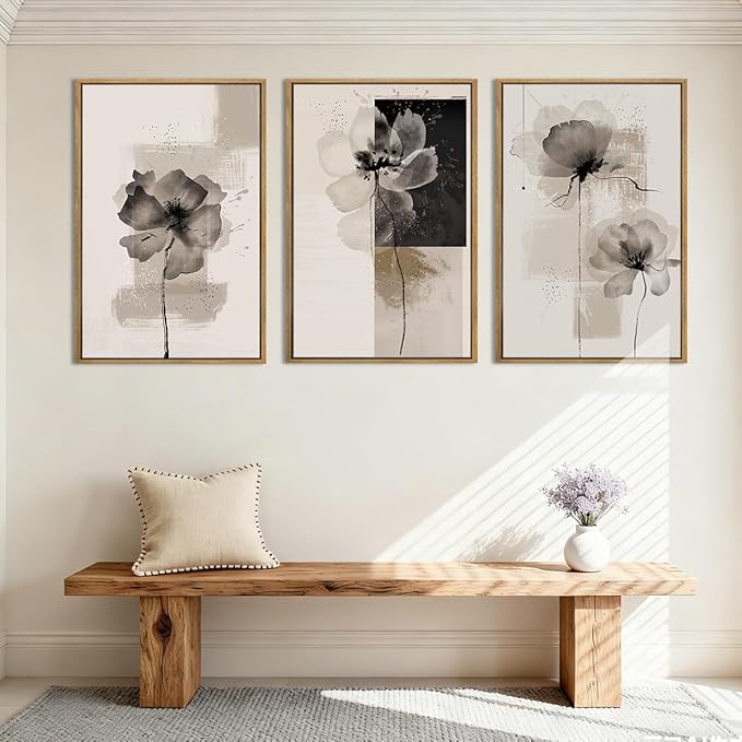 IARTTOP Oversized Framed Black Abstract Neutral Wall Art 24x36 Inch Large Modern Beige Gray Floral Canvas Wall Decor Minimalist White Flower Art Prints for Living room Bedroom Set of 3