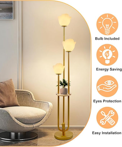 63IN Floral Floor Lamp with Table, 3-Lights Dimmable Flower Floor Lamps for Wedding Party, 3000K Warm White Modern Tall Standing Lamp with 5Lbs Heavy Base for Living Room/Bedroom