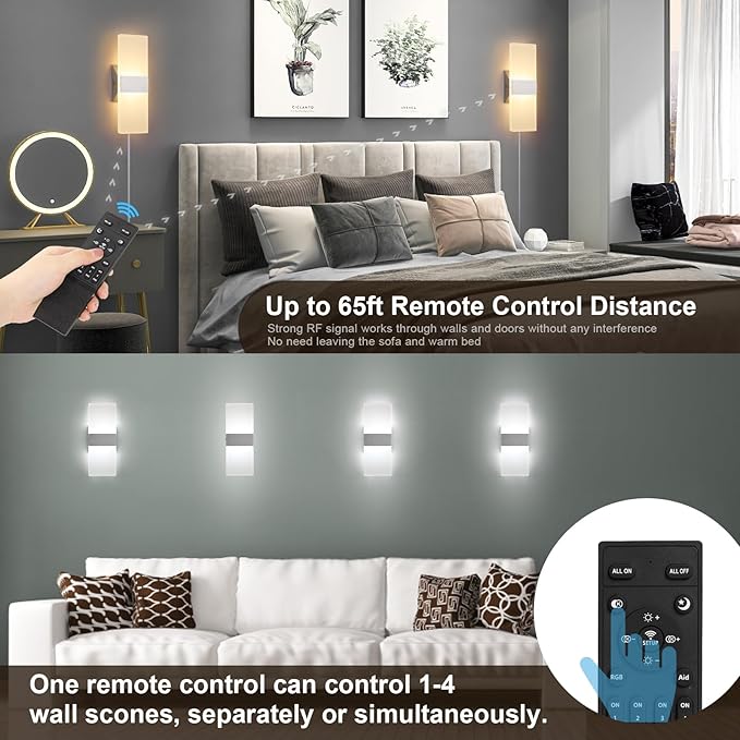 GOODATE 4 Pack Plug in Wall Sconces with Remote Control, Dimmable, Adjustable 3000K-6500K Colors, Silver 12W Acrylic LED Plug in Wall Light, Wall Lamps for Bedroom Living Room Hallway Stair