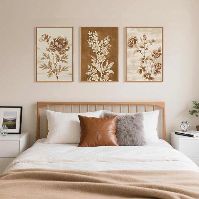 Vintage Botanical Floral Framed Canvas Print Wall Art Set,Retro Brown Rose Flowers Wall Decor,Nature Modern Elegant Poppy Boho Wildflower Artwork for Living Room,Bedroom,Office-16 x24 x3