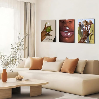 Black Girl Wall Art Framed Set of 3 - African Woman Canvas Home Decor American Woman Wall Decor Black Female Print Pictures Fashion Abstract Poster for Home Bedroom Bathroom 12×16 Inch