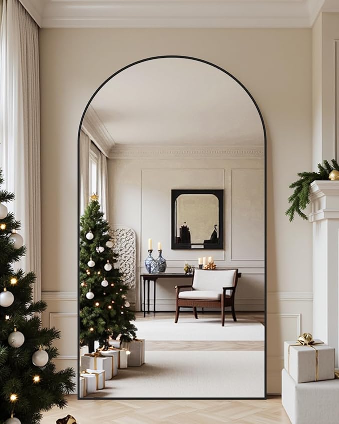 46"×86" Arched Full Length Floor Mirror, Standing Mirror with Aluminum Frame, Large Body Mirror of Free Standing/Wall Mount/Leaning for Bedroom, Living Room, Dressing Room, Black
