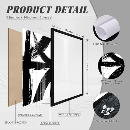 Black and White Wall Art Abstract Modern Painting Minimalist Line Canvas Wall Art Decor Black And White Poster Abstract Artwork Prints for Living Room Bedroom 12x16 Inch Wood Framed Set of 2
