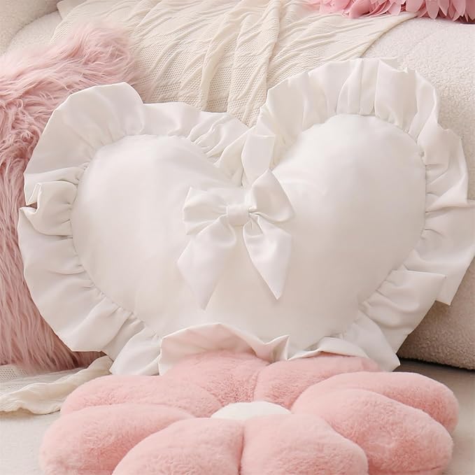 MOJUN Heart Pillows, White Bow Ruffle Love Heart Shaped Throw Pillows Decorative Pillow Cushion for Sofa Bed Living Room Home Decor Wedding Gifts Pillows, 19.6"×15.7"