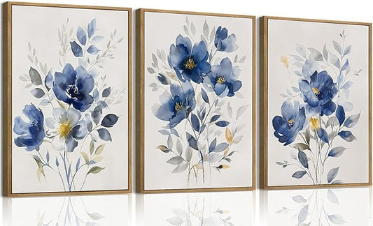 KISSFOX Framed Colorful Wildflower Blue Canvas Wall Art Set Of 3 Flowers Pictures Prints Flowers Printing Floral Watercolors Flower wall Decor Living Room Girls Bedroom Bathroom
