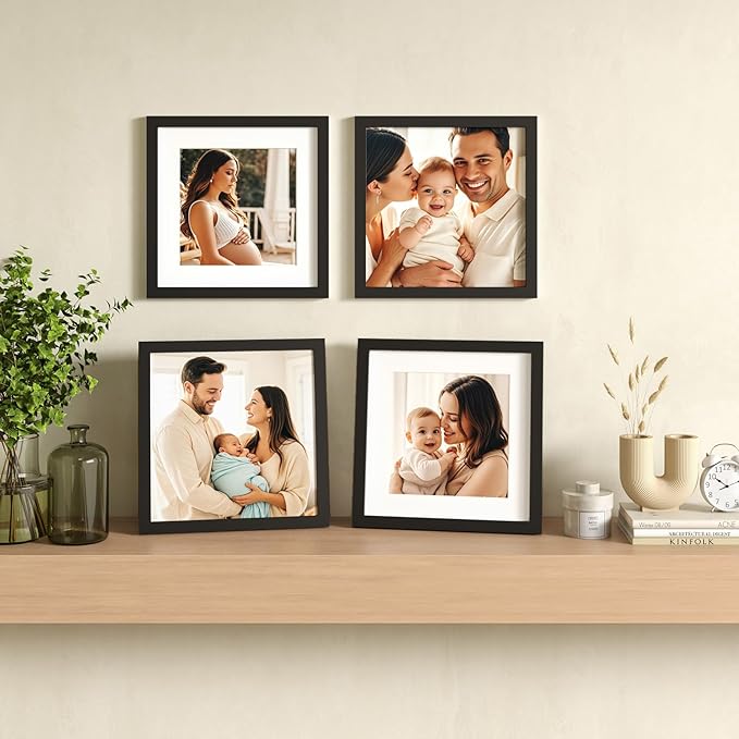 Egofine 11x11 Picture Frames 4 PCS, Made of Solid Wood Covered by Plexiglass for Pictures 4x4/8x8 with Mat for Table Top Display and Wall Mounting Square Photo Frame Black