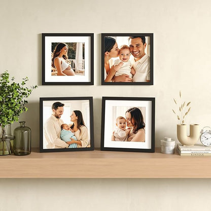 Egofine 11x11 Picture Frames 4 PCS, Made of Solid Wood Covered by Plexiglass for Pictures 4x4/8x8 with Mat for Table Top Display and Wall Mounting Square Photo Frame Black
