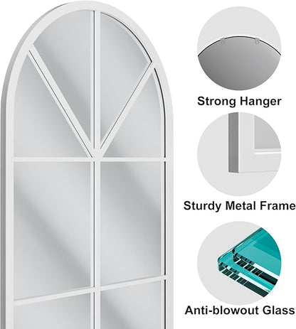 OGCAU Full Length Arched Floor Mirror, 65"x22" Window Pane Design, Decorative Hanging or Leaning, Full Body with Iron Frame for Bedroom Living Room (White)