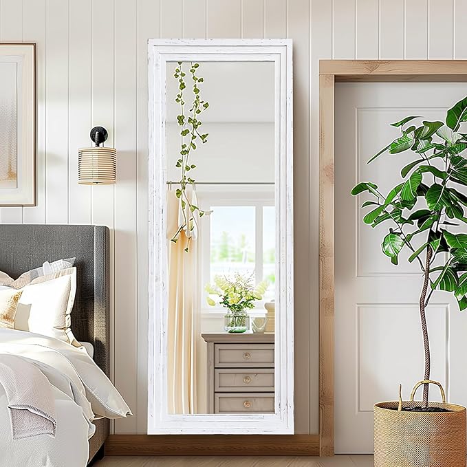 65"x22" Full Length Mirror Solid Wood Frame Floor Mirror with Stand for Living Room, Bedroom Hanging Standing or Leaning, White