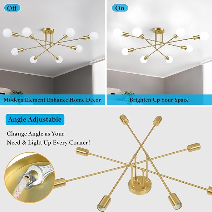 Modern Sputnik Chandelier 8-Light Industrial Ceiling Lights Fixture 32" Gold Semi Flush Mount Ceiling Light with E26 Base Sputnik Lights Fixture for Dining Room Bedroom Foyer Hallway Living Room