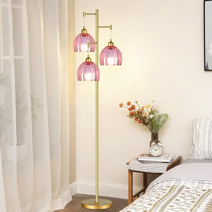 AHDWDW Gold Floor Lamp for Living Room Bedroom,3 Lights Vintage Tree Floor Lamps with Pink Glass Flower Shade,Mid Century Modern Floor Lamp for Corner Office,68IN Unique Tall Standing Lamp with Bulb