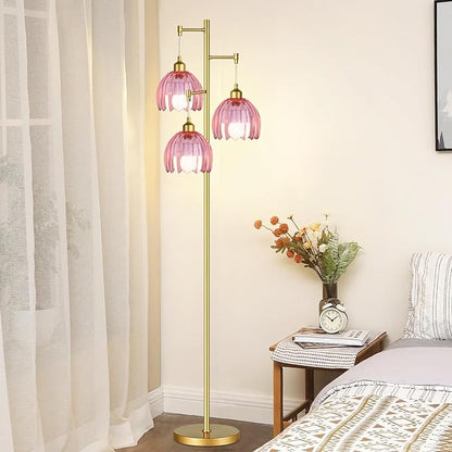 AHDWDW Gold Floor Lamp for Living Room Bedroom,3 Lights Vintage Tree Floor Lamps with Pink Glass Flower Shade,Mid Century Modern Floor Lamp for Corner Office,68IN Unique Tall Standing Lamp with Bulb