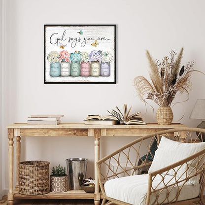 God Says You Are Wall Art: Inspirational Quotes Christian Wall Art Bible Verses Wall Decor Religious Gifts for Women Girls,Hydrangea Flower in Mason Jar Picture Poster Bedroom Decor 16"x20"