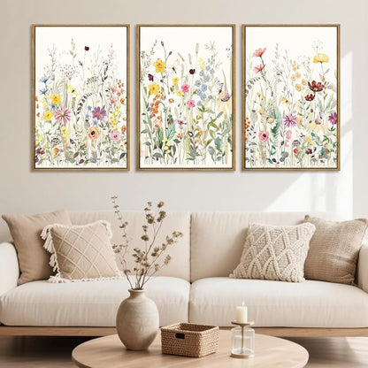 BINCUE Large Framed Floral Canvas Wall Art Colorful Wildflower Pictures Wall Decor Wildflower Artwork Flowers Pictures Floral Home Decor for Living Room Bedroom Office Farmhouse 16x24 Inches Set of 3 Gift