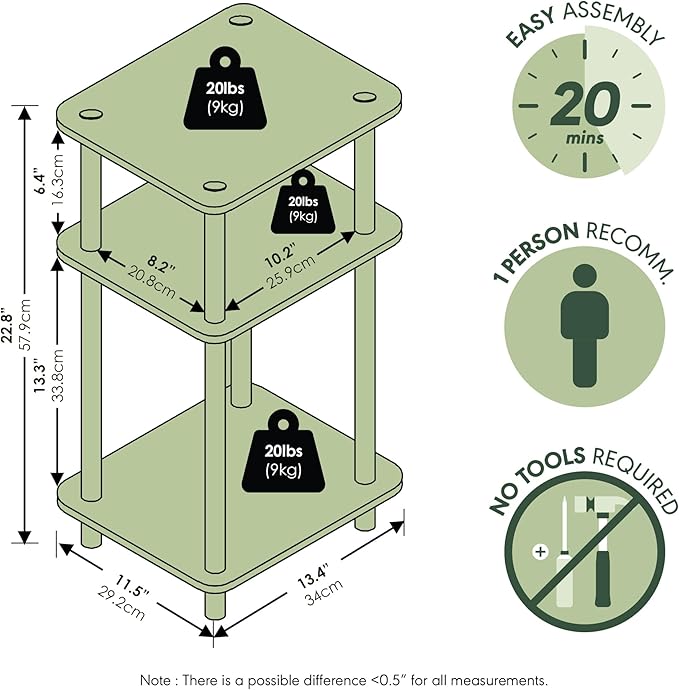 Furinno Turn-N-Tube Side Table, 3-Tier End Table with Open Shelf, Toolless Assembly Night Stand, Bedside Table, for Living Room, Bedroom, Grey Oak