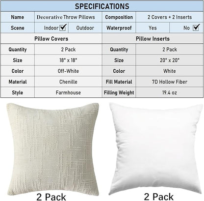 18" x 18" Decorative Throw Pillow with Inserts, Set of 2 Soft Modern Farmhouse Throw Pillows, Square Boho Pillow for Couch, Bed, Sofa Decor (White, 18" x 18"(Pack of 2))