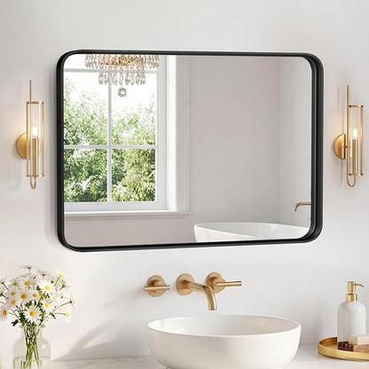 NEWBULIG 24X32 Inch Bathroom Mirror for Over Sink, Wall Vanity Mirrors Tempered Glass, Anti-Rust Metal Framed Rounded Rectangle, Hangs Horizontally or Vertically, Farmhouse Home Decor, Black