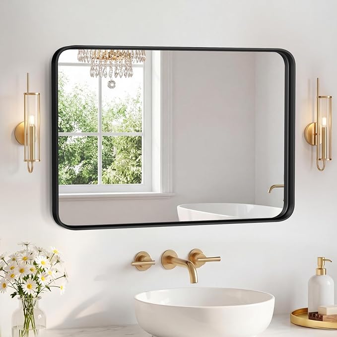 OLIXIS Bathroom Mirror for Over Sink, 24x32 Inch Wall Rounded Rectangle Mirror with Matte Metal Framed, Modern Wall Mount Vanity Mirror for Home Decor, Living Room, Bedroom, Black