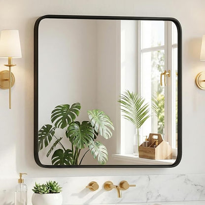 NEWBULIG 30"x30" Black Wall Mirror, Bathroom Mirrors for Over Sink, Matte Metal Framed Vanity Mirror with Tempered Glass, Entryway, Living Room, Bedroom