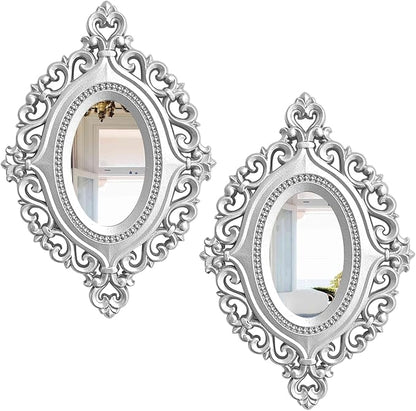 2 Set Oval Wood Carved Wall Mirror Baroque 3D Relief Rustic Home Decor Small Decorative Hanging Mirrors for Living Room, Bedroom Entrance Wall Sculpture