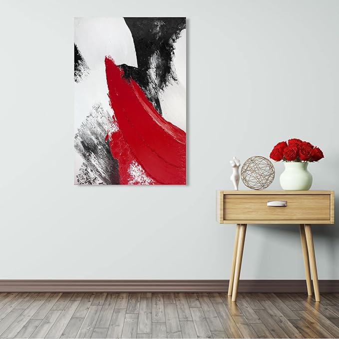 YPY Red Abstract Canvas Wall Art: Modern Minimalist Black and White Picture Handmade Textured Oil Painting Poster for Living Room Bedroom Bathroom Office Home Wall Decor 24x36