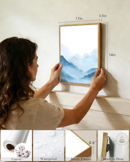 Drsoum Blue Fog Mountains Landscape Wall Art Framed Vintage Nature Misty Nordic Prints Ink Wash Watercolor Boho Farmhouse Rustic Artwork Hallway Bedroom Ready to Hang 11x14in Natural Framed