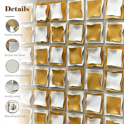 BrightA Gold and White Geometric Wall Sculpture Reflective 3D Textured Panels Brushed Metal Texture with Wave Modern Framed Abstract Art for Bedroom Office Decor 23.6"x23.6"