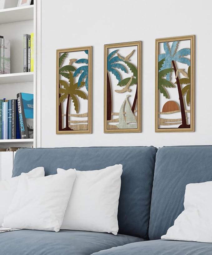 Putuo Decor Palm Tree Wall Decor Set of 3, Coastal Wall Decor, Boho Wall Art, Beach Themed Wooden Wall Plaque for Living Room Bedroom Bathroom