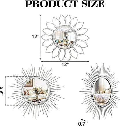 Boho Sunburst Wall Mirror Set of 3, 12 Inch Round Antique & Modern Metal Wall Art, Hanging Over The Door Mirrors for Wall Decor in Living Room, Bedroom, Bathroom, Entryway（Sliver）