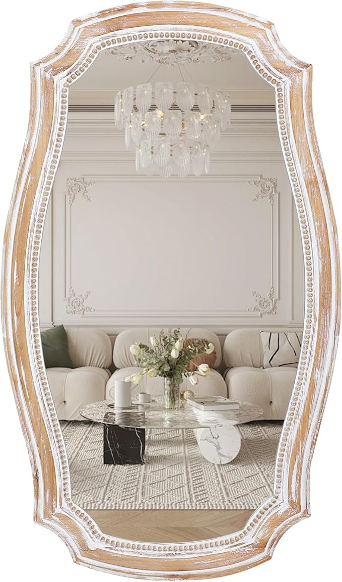 HOITUZYUS 36x24 Inches Rustic Scalloped Wall Mirror, Baroque Curved with Beaded, Distressed Wooden Decorative Mirros for Living Room, Bedroom, Entryway - Horizontal or Vertical