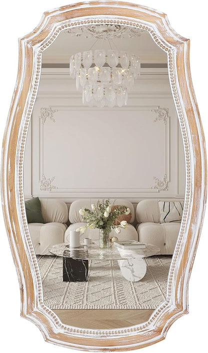 HOITUZYUS 36x24 Inches Rustic Scalloped Wall Mirror, Baroque Curved with Beaded, Distressed Wooden Decorative Mirros for Living Room, Bedroom, Entryway - Horizontal or Vertical