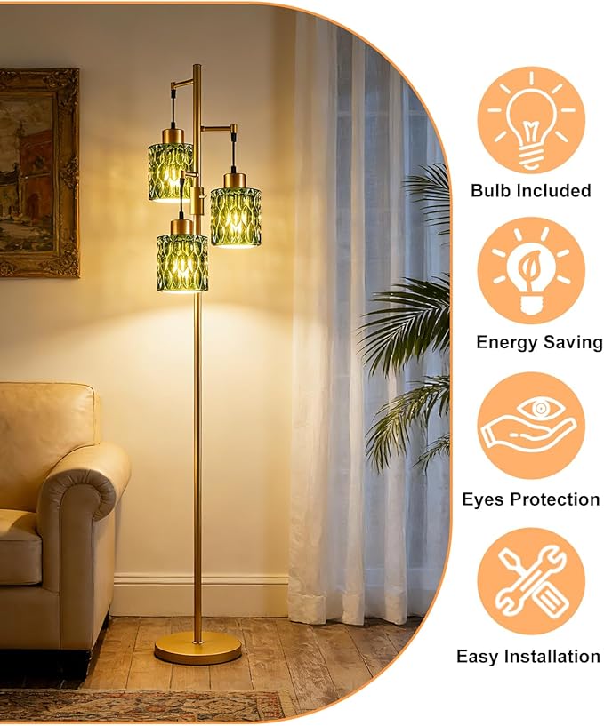 3-Light Modern Glass Floor Lamp, Gold Standing Tall Lamp with Green Cylinder Glass Shade for Reading, Dimmable LED Floor Lamp with 5Lbs Heavy Base for Living Room Bedroom Home Decor, Bulb Included