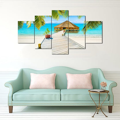 Beach Palm Tree House Scene of Sea Landscape Picture Modern Painting on Canvas 5 Piece Framed Wall Art for Living Room Bedroom Kitchen Home Decor Gallery Wrap Giclee Print (60’’W x 32’’H)